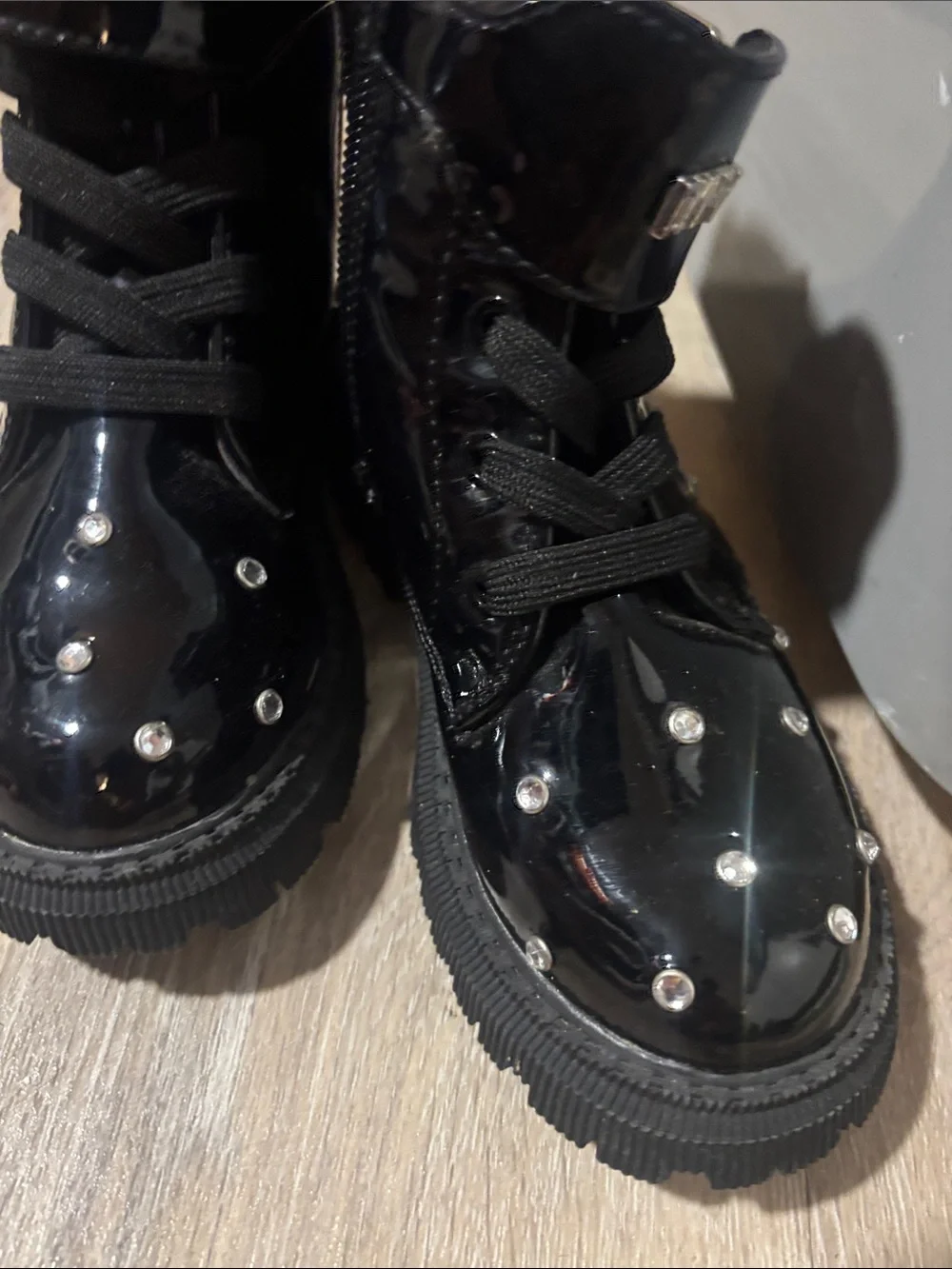 DKNY Girls Ava Dila Moto Black Patent Studded Combat Boots